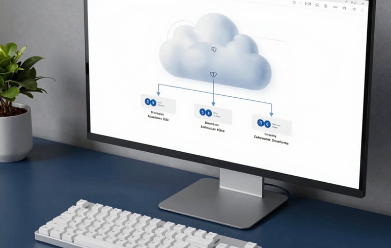 Professional photography of a minimalist North American / US tech workspace. A deep slate blue desk surface holds a clean mechanical keyboard and a high-resolution display showing a sophisticated cloud architecture diagram. The lighting is crisp and efficient, with soft shadows and a focused, professional mood using a palette of brilliant white and muted blue-grey.