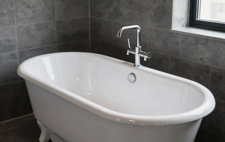 A high-end, clean photography of a gleaming white reglazed bathtub in a minimalist New York City apartment. The bathroom features premium dark grey tiles and bright natural light. The aesthetic is industrial yet luxurious, showing the high-gloss finish of the porcelain. North American / US - New York City.