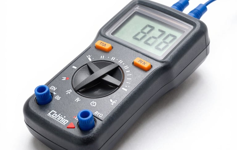 High-resolution studio photograph of a premium digital multimeter with clean lines, dark slate housing, and bright blue test probes, shot on a pure white background.