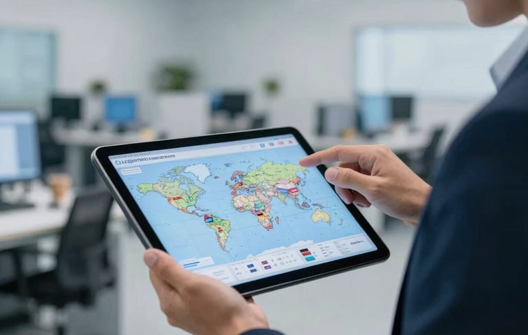 A professional logistics management scene in a modern office in Latinoamérica. A person in professional attire is reviewing a global shipping map on a tablet. The background shows a clean, bright logistics hub environment. Lighting is soft and professional with a steel blue and pale blue color palette.