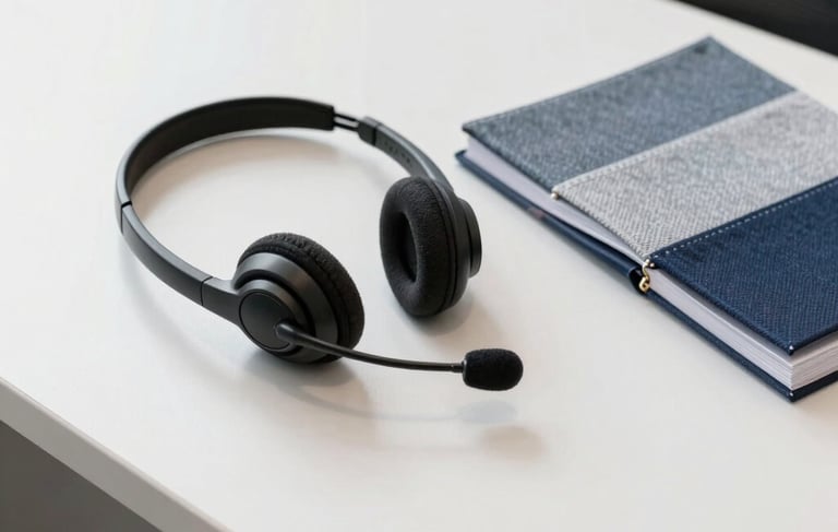 A professional South American / Brazilian office interior for a tele-service company, showing a clean modern desk with a headset, a high-end textile fabric swatch book nearby, soft natural lighting, with a palette of white, greyish blue, and navy.