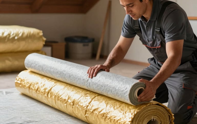 A professional Hispanic technician in a clean attic setting, installing thick rolls of gold and light gray insulation material. The lighting is warm and bright, highlighting a clean and organized workspace. Wide-angle shot, professional photography style, focusing on the comfort and efficiency of the home.
