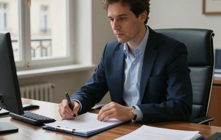 Professional photography of a sophisticated financial consultant office in a Western European French architectural setting. Soft daylight illuminates a polished wooden desk with organized dossiers. The atmosphere is clear, trustworthy, and expert, incorporating accents of dark navy and light blue from the palette.
