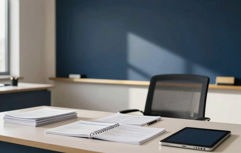 A clean, high-end professional educational office in Argentina, featuring a minimalist aesthetic with navy blue and soft gold accents. Soft sunlight illuminates a modern desk with high-quality study materials and a digital tablet. The atmosphere is calm, prestigious, and focused on vocational success.