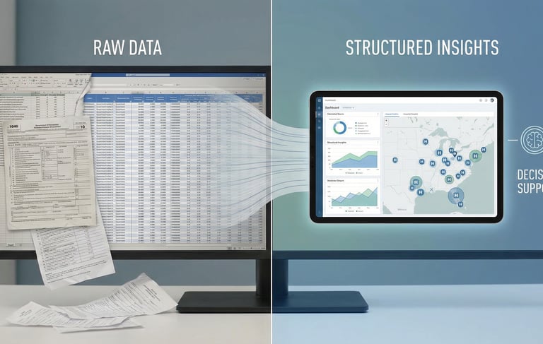 Healthcare data transformed into a decision-support dashboard with hospital locations and geographic filtering.