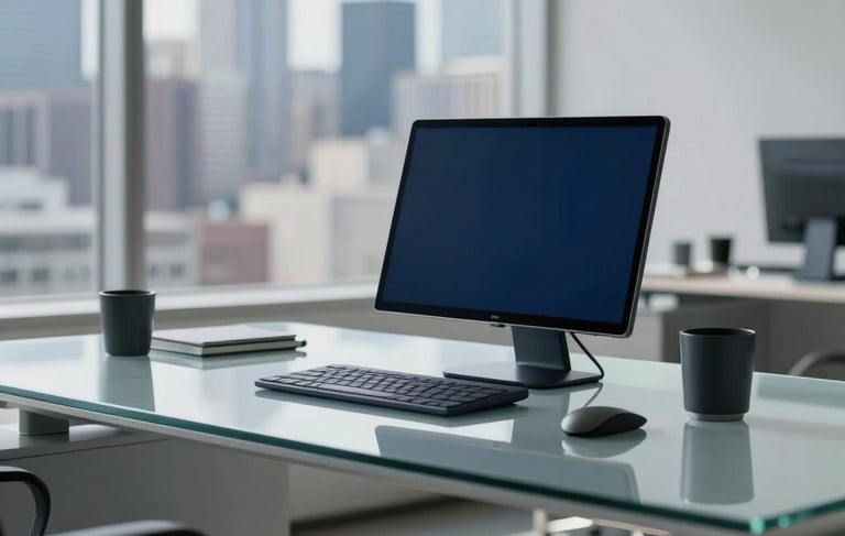 A sophisticated North American office setting featuring a minimalist glass desk and high-end tech. Soft natural light illuminates a professional atmosphere. In the background, a blurred view of a modern US city skyline is visible. The scene uses a palette of navy blue and cool grey to convey innovation and strategic business acumen.