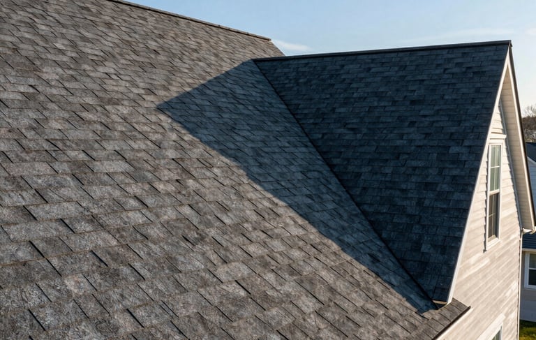 A high-resolution wide-angle shot of a newly installed, dark gray asphalt shingle roof on a beautiful North American residential home in Jackson Township, New Jersey. The craftsmanship is precise, the sky is clear blue, and the lighting is warm afternoon sun highlighting the texture of the shingles.