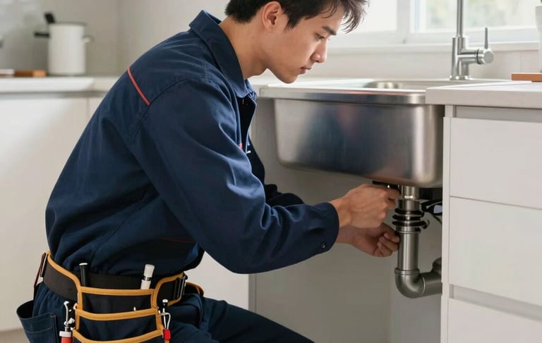 A professional North American plumbing technician in a clean navy blue uniform with a tool belt, inspecting pipes under a sink in a modern residential kitchen. Bright, clean, and professional photography with soft morning light. North American / US setting.