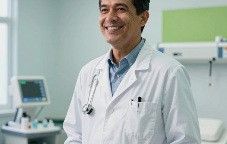 A professional South American / Colombian doctor in a white coat smiling warmly in a bright, modern medical office in Bucaramanga. The scene includes light blue and green accents, clean medical equipment, and natural light, reflecting trust and care.