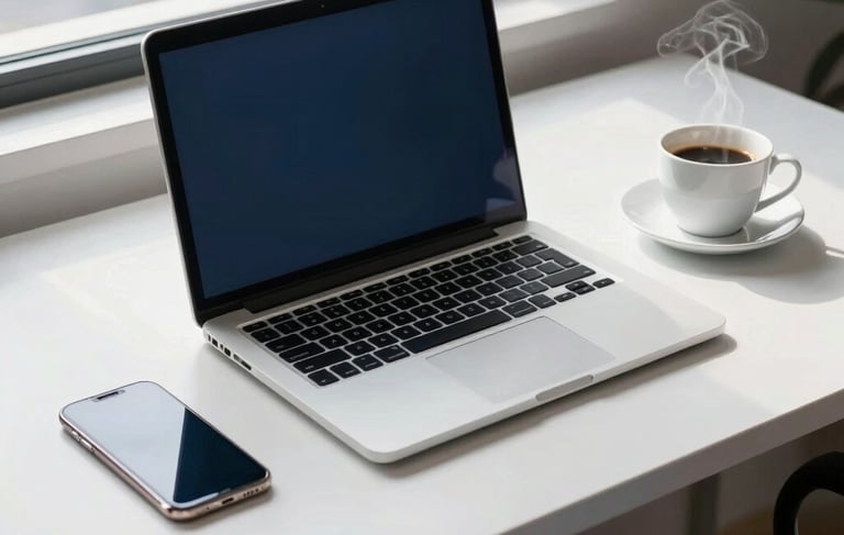 A high-angle professional photograph of a modern workspace in Lahore, Pakistan. A sleek silver laptop sits on a clean white desk next to a smartphone and a steaming cup of coffee. The lighting is bright and natural, coming from a large window. The atmosphere is efficient and tech-oriented, featuring a palette of navy, light grey, and steel blue accents.
