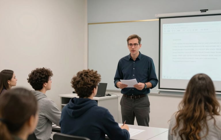 A professional and accessible classroom setting in Portugal. A teacher is mentoring an adult student in a brightly lit room featuring off-white and light grey blue walls. The mood is trustworthy and educational. There are muted gold accents in the decor. Wide-angle shot, soft lighting, professional photography.