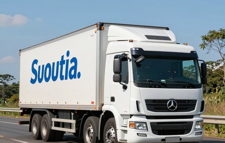 A professional photography shot of a modern white transport truck with blue branding driving through a clean, sunny South American Brazilian highway. The scene conveys trust and tranquility with bright natural light and a clear blue sky. Professional composition showing the efficiency of logistics.