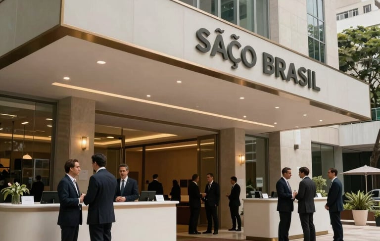 A sophisticated wide-angle photography shot of a high-end corporate convention center entrance in São Paulo, Brazil. Professional event planners in tailored suits are conversing near a large off-white reception desk. The lighting is soft and natural, emphasizing the meticulous organization and elegant architecture of the venue.