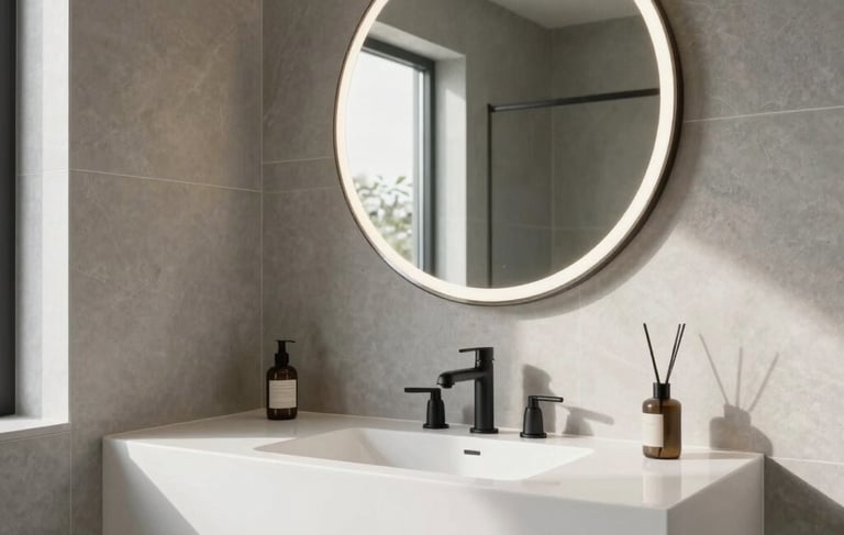 Clean architectural photography of a high-end minimalist bathroom in a North American / US home. The scene features a sleek white floating vanity with matte black faucets, a large circular backlit mirror, and soft gray stone walls. Natural morning light spills across the room, creating a serene, spa-like atmosphere.