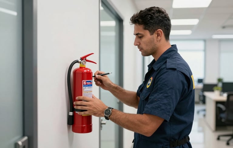 A professional fire safety inspector in a South American / Brazilian corporate setting, wearing a navy blue uniform vest, inspecting a red fire extinguisher mounted on a white wall. The lighting is bright and professional, conveying a sense of security and expertise in a modern office hallway.
