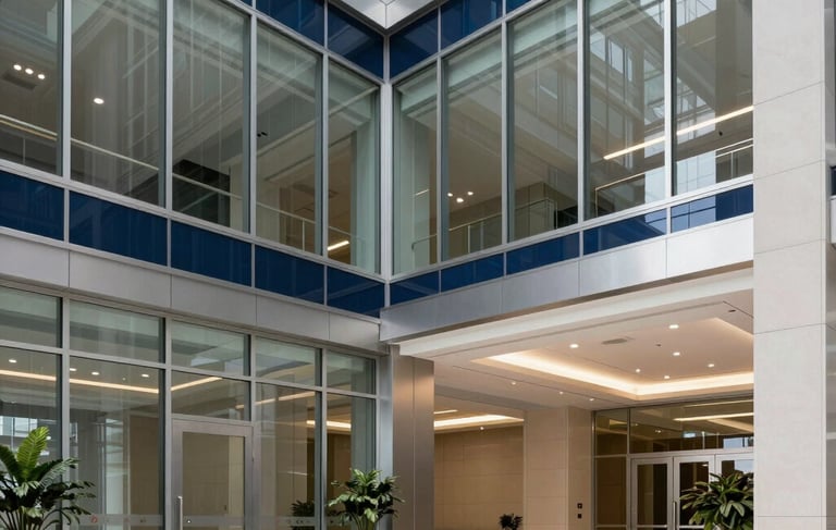 A high-end, professional photograph of a North American corporate office lobby, featuring clean glass surfaces, silver steel accents, and a sophisticated atmosphere in midnight blue and off-white tones.