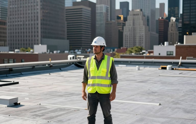 A professional roofing contractor wearing a white safety helmet and a high-visibility yellow vest, standing on a large commercial roof in New York City. The North American / NYC skyline with steel gray skyscrapers is visible in the background under clear daylight. The composition is industrial-grade and modern, focusing on structural safety and professional durability.