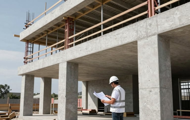A professional architectural photograph of a modern construction site in Meyreuil, France. A project manager in a white safety vest and helmet reviews building plans near a clean concrete elevation. The scene is illuminated by bright Mediterranean daylight, emphasizing structural durability and professional execution. High-quality construction aesthetic with steel and concrete.