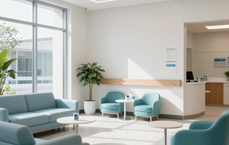 A wide professional shot of a modern, bright North American healthcare clinic interior. The lobby features minimalist furniture in light blue and teal hues, clean white walls, and large windows letting in natural sunlight. The atmosphere is calm, empathetic, and highly clinical yet welcoming.