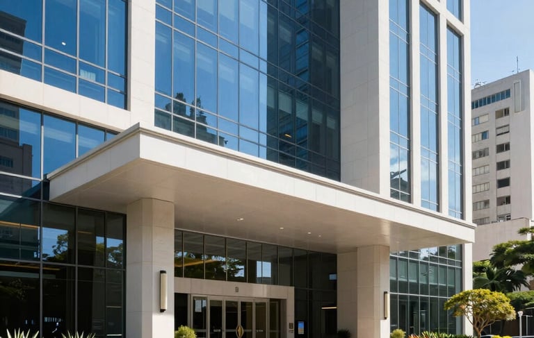A high-end, professional architectural photograph of a modern corporate building entrance in a major South American city. The scene features clean glass facades reflecting a bright blue sky, with manicured landscaping and a sophisticated atmosphere. Sharp focus, daylight, dominated by Royal Blue and Off-white tones.