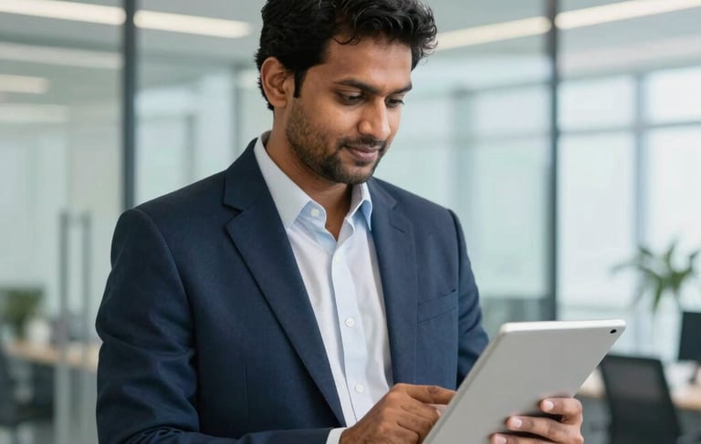 A professional South Asian / Indian male executive in a corporate suit standing in a modern, bright glass-walled pharmaceutical office in Bangalore. He is looking at a digital tablet with a confident and trustworthy expression. Soft navy blue and light gray interior design elements in the background.