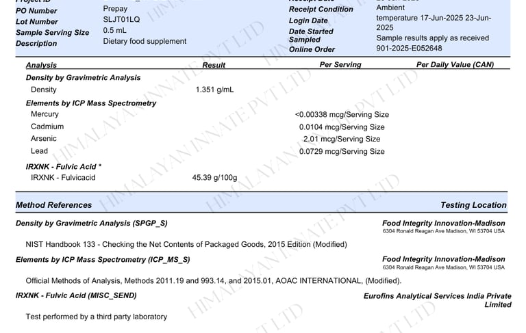 Lab report of prime gold shilajit from eurofins USA showing heavy metals safe