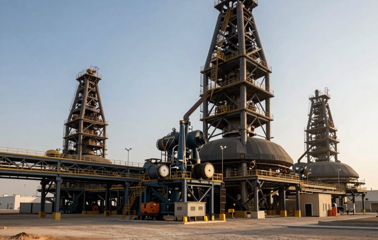 A professional wide-angle photograph of a modern industrial complex in Jubail, Saudi Arabia, featuring structural steel and large-scale engineering equipment under a clear sky. The scene uses a palette of deep charcoal, slate blue, and warm sand tones. Middle Eastern / Gulf industrial setting with sunset lighting casting long shadows across the site.