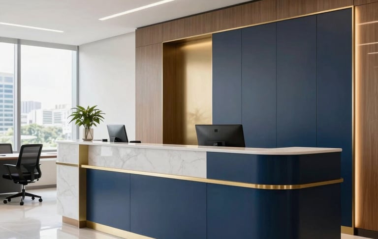 A high-end, professional South American office reception area in Belo Horizonte, featuring clean lines, modern furniture, and subtle gold and navy blue decor accents. The lighting is bright and natural, reflecting a trustworthy and sophisticated corporate environment.
