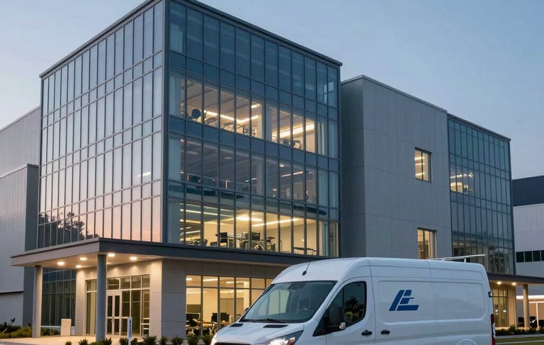 A professional wide-angle photograph of a modern North American industrial facility at dusk. The building features clean glass and steel architecture with subtle blue and grey lighting. A service van with a subtle logo is parked in the foreground, projecting reliability and readiness.