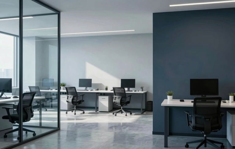 Clean and modern South American corporate office interior with minimalist technology-focused decor, soft natural light reflecting off glass surfaces and polished floors, featuring a color palette of light blue-grey and dark slate blue, representing professional IT consulting.