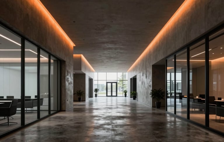 A wide-angle, high-end photograph of a minimal, modern North American / US corporate office lobby. The lighting is low and moody with dramatic orange glow accents highlighting architectural lines. Polished dark concrete floors and glass partitions create a sense of professional depth and luxury.