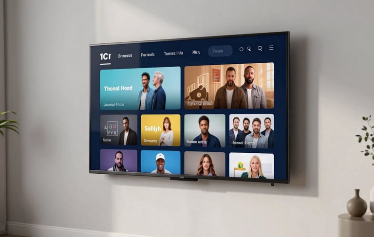 A high-quality photography of a clean, modern North American living room with soft daylight. A high-definition smart television is mounted on a light gray wall, displaying a vibrant, professional streaming application menu. The composition is wide and minimalist, conveying a sense of ease and user-friendly technology.