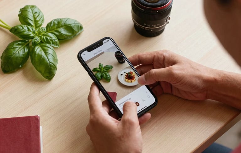 A top-down professional photography shot in a sunlit European / Spanish studio. A person is arranging high-end gastronomic photos, a smartphone showing social media feeds, and fresh basil leaves on a light beige wooden desk. The composition is clean and elegant, featuring accents of crimson red and forest green. Soft natural lighting creates a warm, approachable atmosphere.