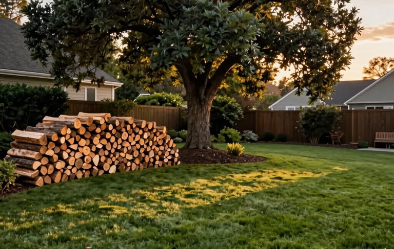 A high-quality wide-angle photograph of a pristine North American residential backyard during a golden hour sunset. A neatly stacked pile of split seasoned firewood sits near a large, professionally pruned oak tree. The lawn is a lush, deep moss green and perfectly manicured. The scene captures the professional expertise of tree and lawn maintenance in natural lighting with earthy tones of sand tan and forest green.