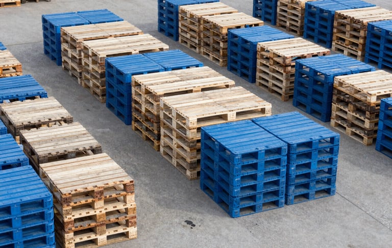 A high-angle, professional photograph of an organized North American industrial yard. Neatly stacked wooden and blue plastic pallets are arranged in rows under bright daylight. The scene emphasizes clean operations and modern pallet management efficiency with muted blue and light grey tones.
