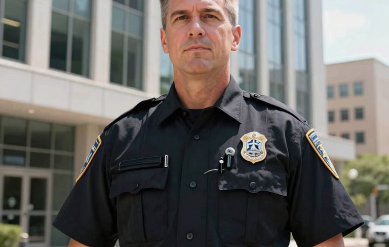 North American / US. A confident professional security guard in a crisp black uniform standing outside a modern corporate building in the Dallas-Fort Worth area. Clear daylight, professional photography.