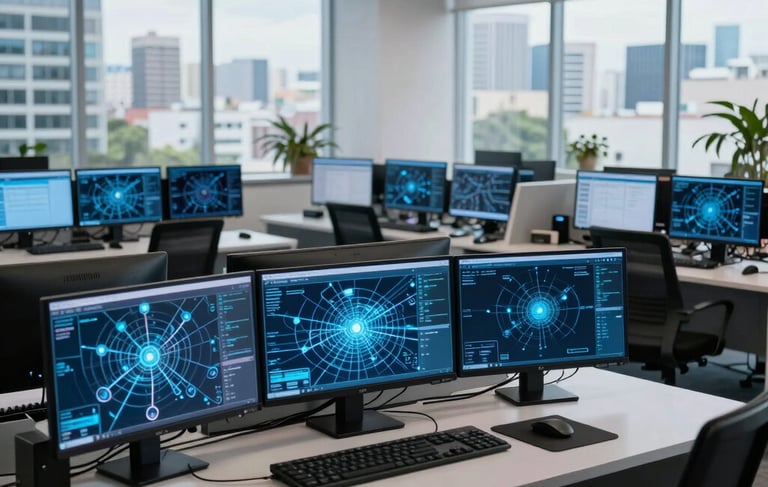 A wide-angle professional photograph of a modern telecommunications operations center in a South American business district. The scene features sleek desks with multiple monitors showing digital connectivity maps, illuminated by soft blue light and bright natural daylight through large office windows. The style is clean, corporate and reflects high technology.