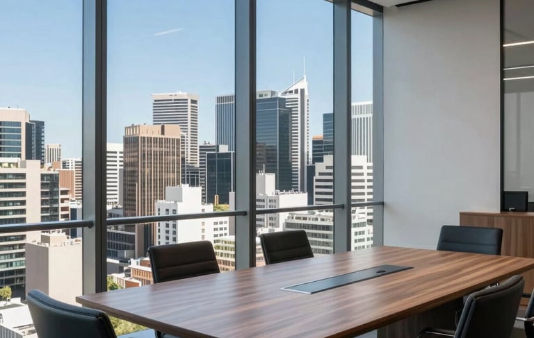 A professional and sophisticated office meeting space in a Sydney high-rise. Large windows reveal a glimpse of the Australian cityscape under a clear blue sky. The interior is modern with steel blue and muted grey tones, clean lines, and natural wood surfaces. High-end architectural photography style, bright and confidence-inspiring.