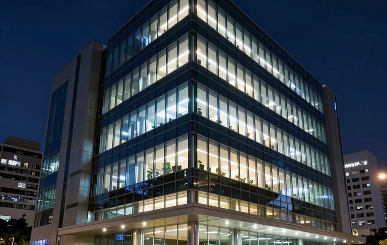 A professional and sleek photography of a South American corporate tech headquarters at night. The building features a modern glass architecture with glowing blue and white internal lights. The atmosphere is sophisticated and innovative, set in a clean urban environment in Brazil, reflecting high-standard IT infrastructure and elegance.