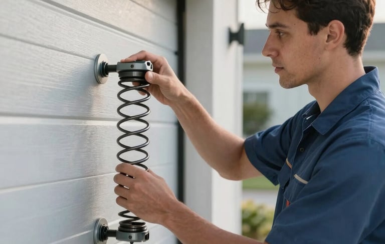 A close-up photograph of a professional technician in a clean uniform inspecting a garage door spring. Modern North American residential setting with soft morning sunlight. The color palette features Slate Blue and Light Grey.