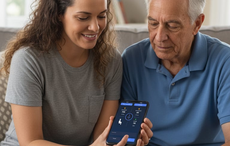 family caregiver helping a veteran to use the Vet mHealth app