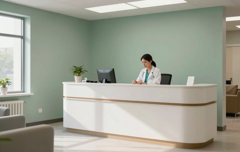 A clean and modern North American medical office reception area. The scene features soft sage green accents on the walls, off-white furniture, and bright, natural lighting. A professional healthcare setting that feels trustworthy and compassionate, focused on high-quality patient-centered care. High-resolution photography.