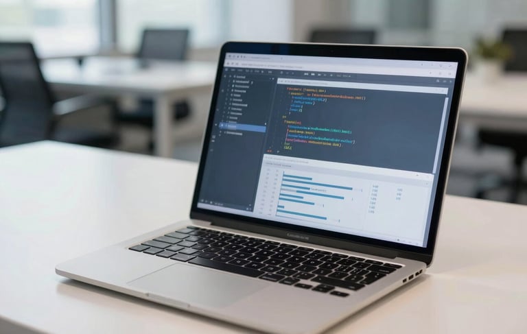 Close-up photography of a high-tech workspace in a North American corporate setting. A laptop screen shows lines of code and analytical graphs in slate blue and light gray tones. The background is a blurred modern office with dark slate and off-white surfaces. Natural window lighting.