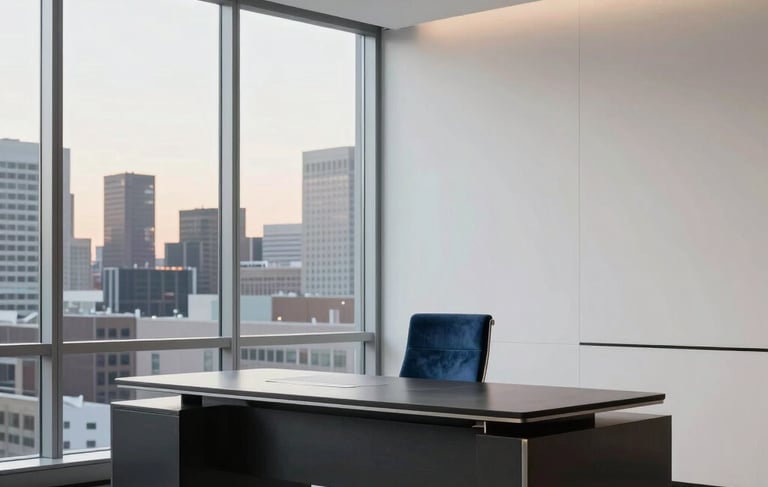 A minimalist, high-end North American office space in Minneapolis with clean lines and architectural depth. The scene features a polished deep charcoal desk, a subtle steel blue velvet chair, and large windows revealing a soft, twilight city view. The lighting is controlled and sophisticated, emphasizing a luxury consulting atmosphere.