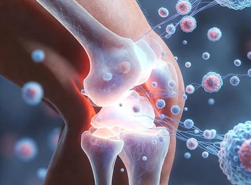 Anatomical illustration of knee joint inflammation and arthritis pain with immune system cells.