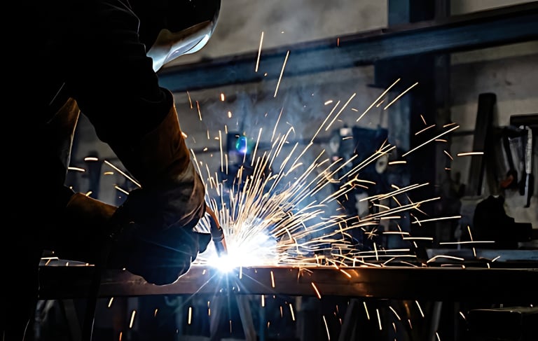 Soldador trabajando en valla metálica en taller de carpintería metálica en murcia