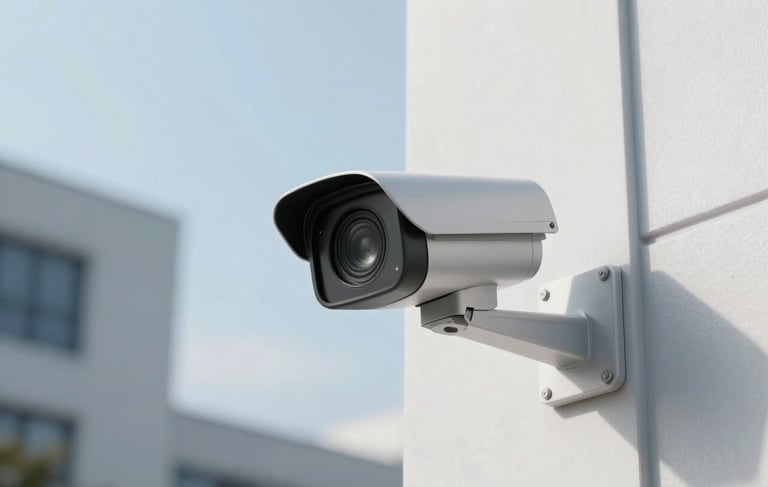 A professional photography shot of a sleek, modern CCTV camera mounted on a clean white wall of a European business building. The lighting is bright and clear, emphasizing the high-tech lens. The sky in the background is a soft pale blue, and the overall composition is minimalist and secure.