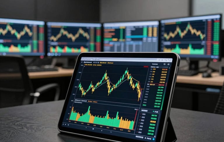 A vertical, high-end professional photography shot of a sleek trading workstation in an upscale Mumbai, India office. The scene features a high-resolution tablet on a dark leather desk displaying real-time gold trading candlestick charts with emerald green and gold indicators. In the background, the soft glow of multiple financial monitors illuminates a modern, authoritative space with deep black and charcoal grey walls.