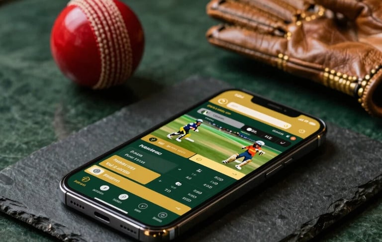 A high-end lifestyle photograph set in a South Asian luxury lounge where a modern smartphone sits on a dark slate table. The screen displays a professional cricket betting dashboard with gold accents. A red cricket ball and high-quality leather gloves are blurred in the shallow-focus background. The lighting is moody and premium, emphasizing trust and sophistication using deep green and gold tones.
