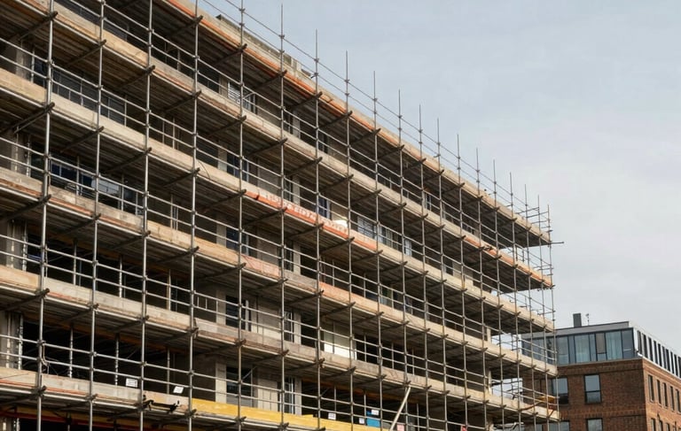 A crisp, professional wide shot of a London construction site with clean scaffolding and a modern brick facade. The sky is clear, emphasizing the strength and reliability of the work. Northern European / British architectural context with bright, neutral daylight.